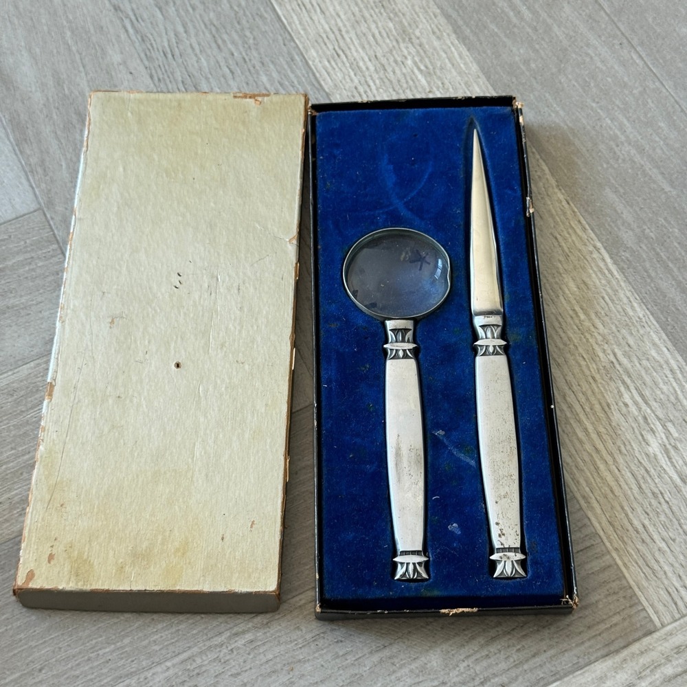 Vintage Art Deco Silver Tone Magnifying Glass and Letter Opener Desk Set in Box